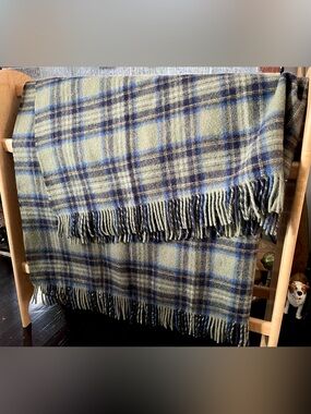 LL Bean Virgin Wool Plaid Throw Blanket Washable Green Blue Fringe 0YY11